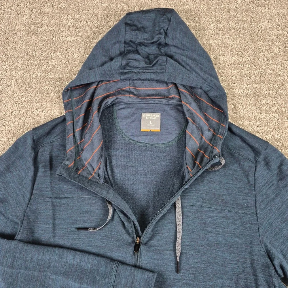 Icebreaker Hoodie Mens L Blue Merino Wool Shifter Full Zip Jacket Outdoors